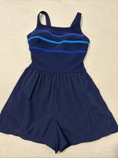 Vintage LONGITUDE Women Black With Blue Stripes Romper Swimsuit Sz 8