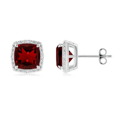 ANGARA Garnet Beaded Halo Stud Earrings in Silver for Women (Size-7mm)