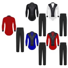 Mens Outfits Straight Sets Tango Bodysuit Dance V-Neck Rhinestone Long Sleeve