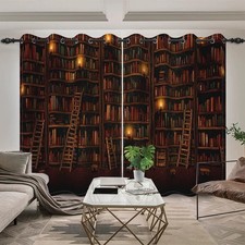 Vintage Bookshelf Library Blackout Curtains 3D Wood Bookcase Ladder Candle Ab...