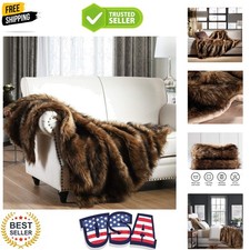 Luxury Plush Faux Fur Throw Blanket, Long Pile Brown with Black Tipped Blanke...