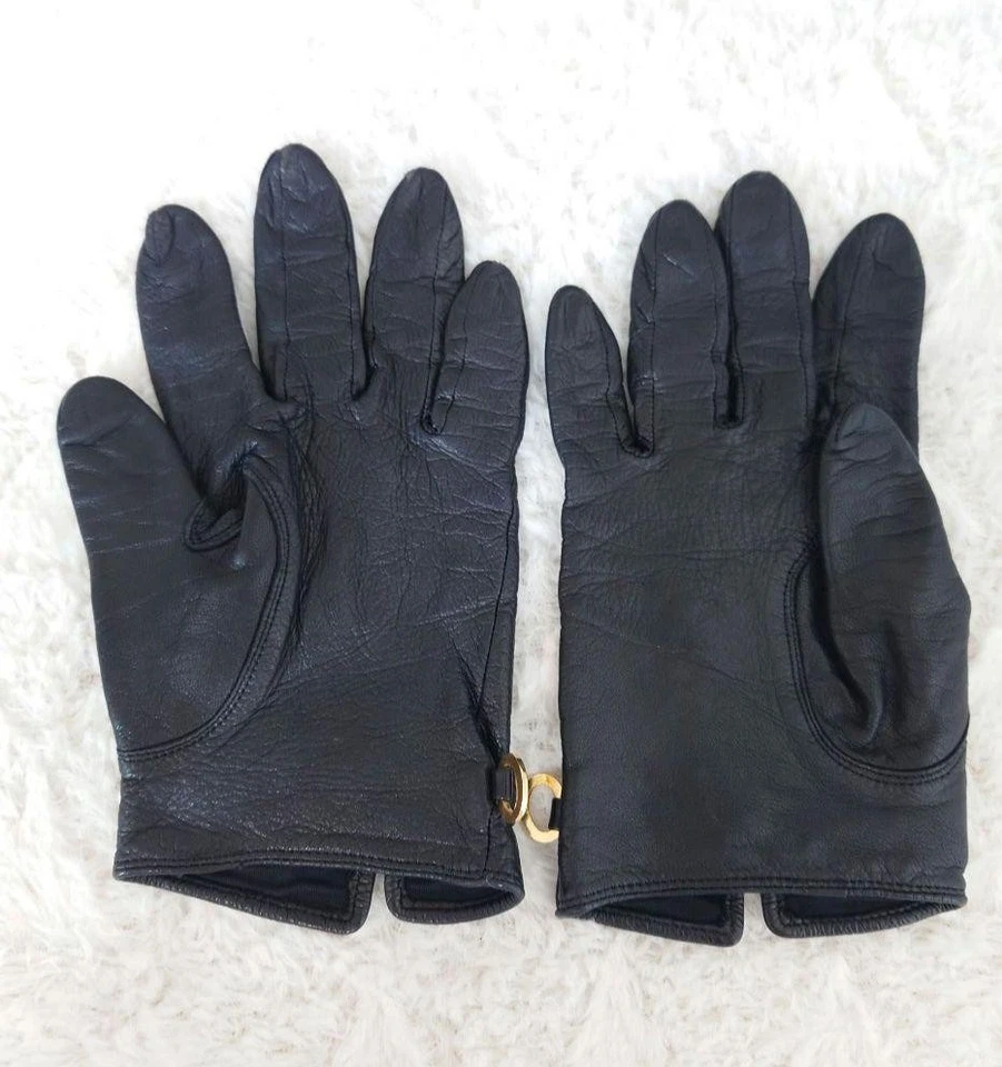Raro Christian Dior Guantes de Cuero Negro Herrajes Dorados Accesorios para Mujer Foto 4 de 4