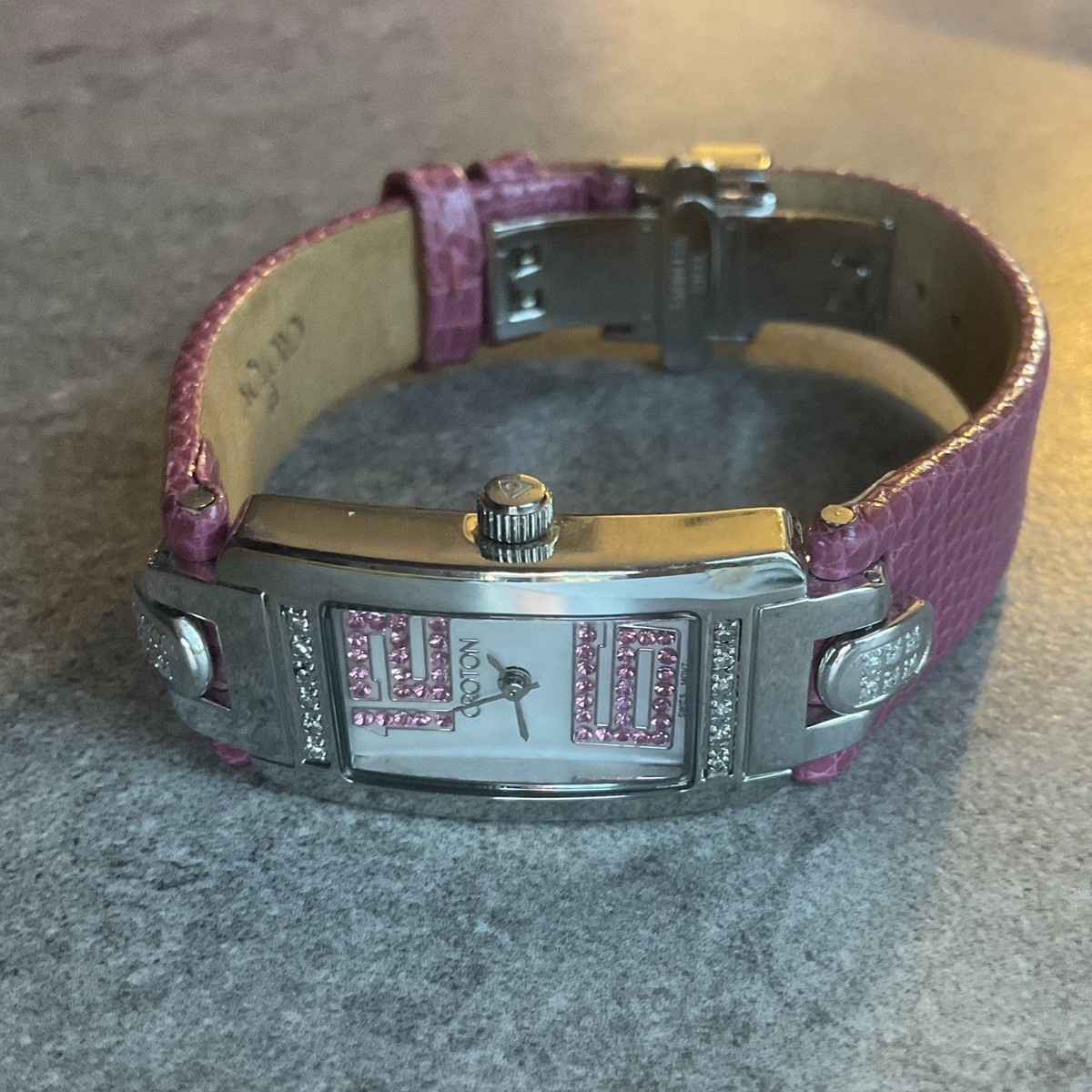 Croton Woman’s Diamonds Bezel Tank Style Watch Swiss Movt Pink Band B-W View 4