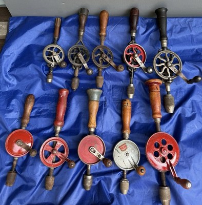 10 Antq Eggbeater Drills-AS FOUND: Goodell-Pratt, Millers Falls, Viking, Stanley