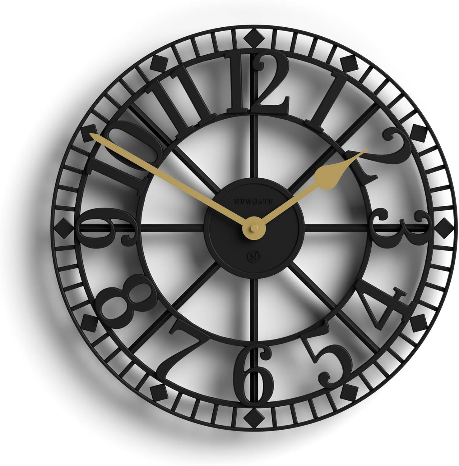 16" Black Skeleton Wall Clock with Brass Hands - Vintage Style for Home & Office