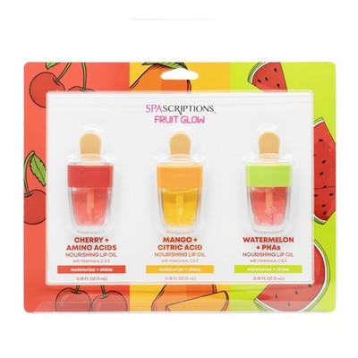 Lip Oil Trio Set - Hydrating Cherry, Mango & Watermelon Flavor 3-Pack with Cl...