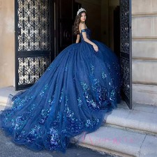 Navy Blue Party Ball Gown Off Shoulder Lace Applique Sequins Hollow Out Tulle