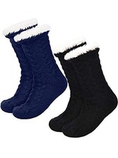2 Pairs Women's Warm Slipper Socks Christmas Fuzzy Socks Fleece Black and Blue