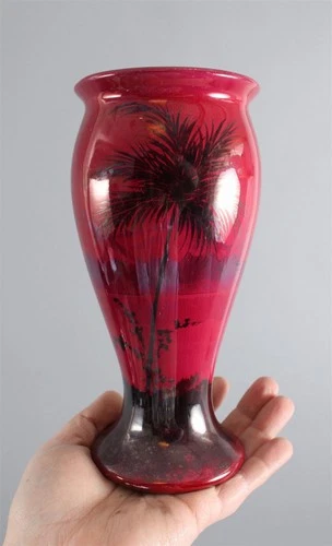 Antique WELLER LAMAR Art Pottery Iridescent Painted Palm Tree Landscape Vase