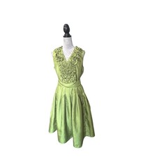 Jessica Howard Lime Green Ruffle V-Neck Shantung Fit & Flare Dress Size 14