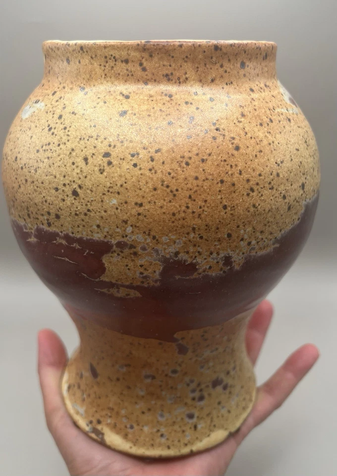 Vintage Artist Signed MCM Art Pottery Two Tone Drip Glaze Heavy Vase 8.5" t. - Image 4 of 4