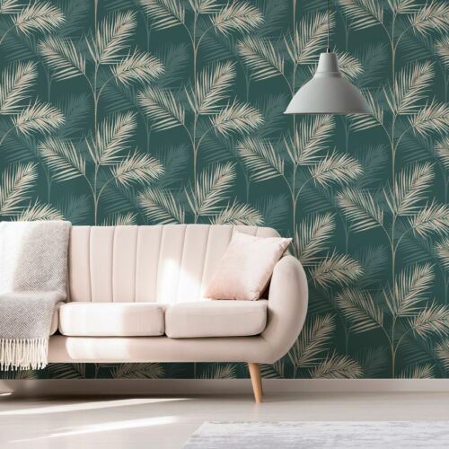 South Beach Palm Leaf Fine Decor Wallpaper Emerald Green Metallic Mica FD42679 - Picture 4 of 4