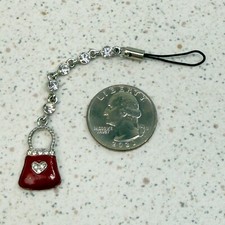 Small Red Enamel Rhinestone Jeweled Silver Tone Cell Phone Purse Charm