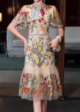 Women's banquet round neck mesh embroidery middle length Slim fit gracy dress 