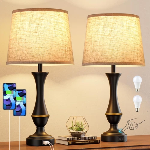 Upgraded Touch Lamps for Bedrooms Set of 2 - Nightstand Table Lamp with USB C+A,