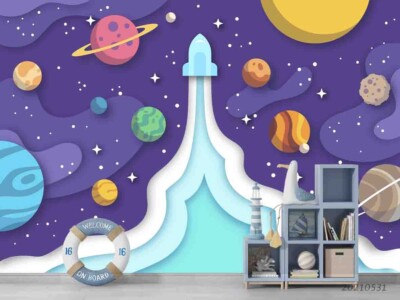 3D Planet Rocket Space Illustration Self-adhesive Removable Wallpaper Murals 5
