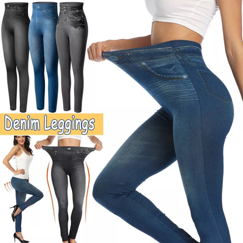 Women Stretchy Faux Denim Jeans High Waist Skinny Pencil Pants