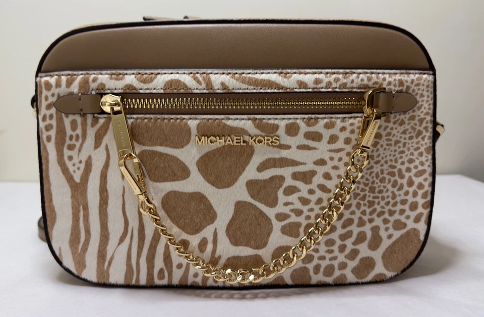MICHAEL KORS JET SET ZEBRA CAMEL LEATHER HAIRCAFL  ZIP CHAIN CROSSBODY BAG