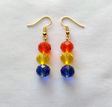 Blue Orange Yellow Faceted Crystal Bead Dangle Earrings Handmade Gold Tone Hook