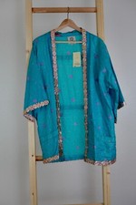 Blue with pink embroidered flowers and trim, open front, 2 side pockets cover-up