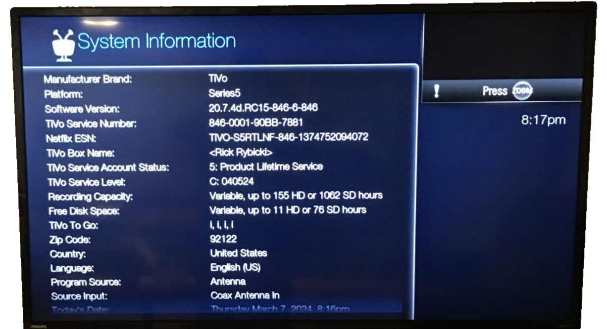 TiVo Roamio OTA LIFETIME SERVICE 1TB 1000GB 150 hours HD