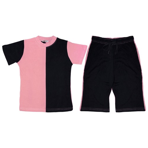 Kids T Shirts 100% Cotton Contrast Panelled Summer Boys Girls Top & Shorts Set - Zdjęcie 5 z 35