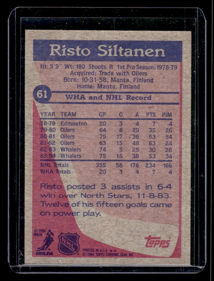 Risto Siltanen 1984 Topps #61   Hartford Whalers - Image 2 of 2