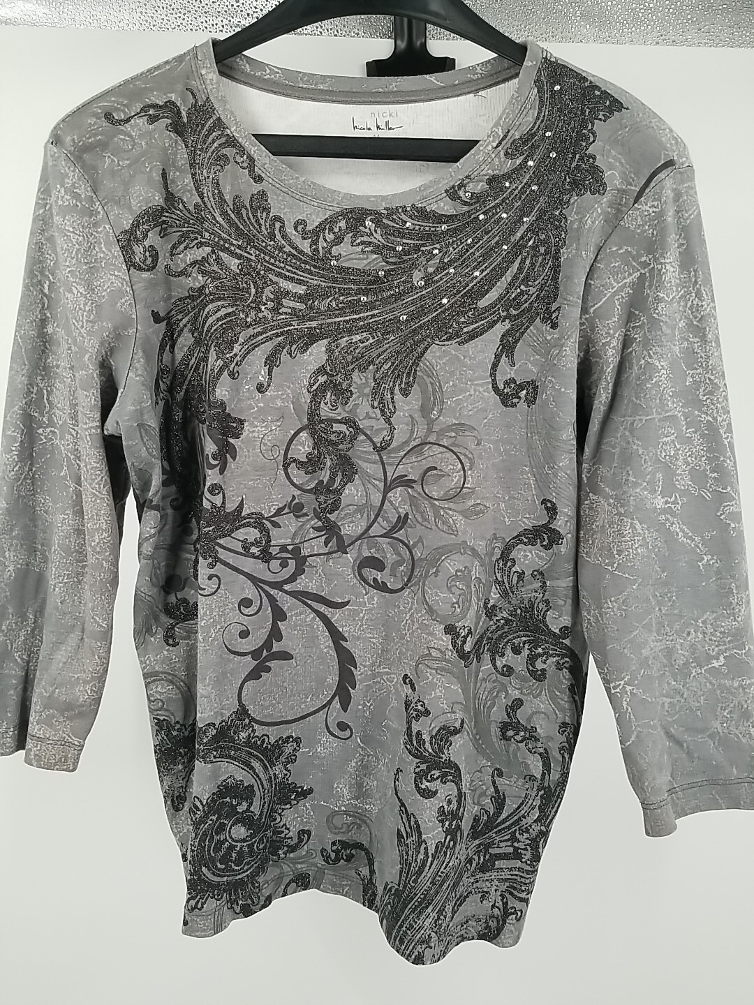 Nicki by Nicole Miller Womens Gray Floral Rhinestone 3/4 Sleeve Casual Blouse
