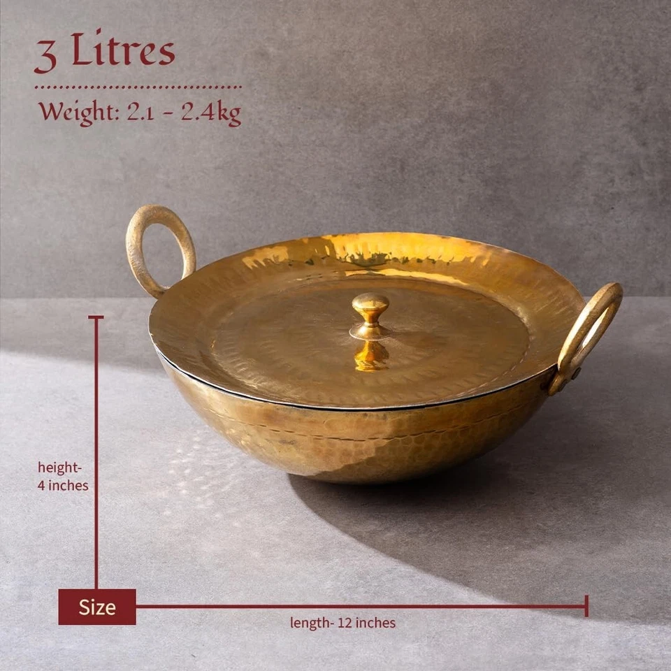 Wok Kadhai de latón de 3 litros con tapa utensilios de cocina naturalmente antiadherentes sin teflón Foto 2 de 4