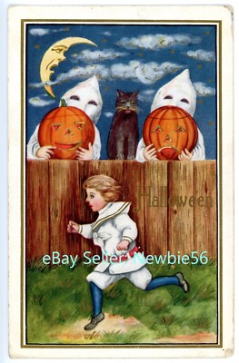 Halloween Greetings- SCARED BOY-GHOSTS W/ JOL -Embossed Postcard Black Cat/Moon