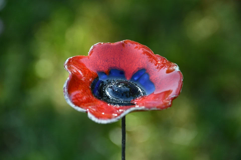 Keramik Gartendeko Mohnblume Gartenstecker Blumenstab H45cm Midene Handgefertigt - Bild 2 von 4