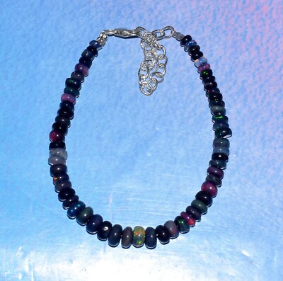 Handmade Sterling Silver Bracelet With Natural Ethiopian Black Opal Beads (7")