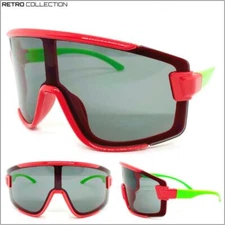 OVERSIZED RETRO SPORTY WRAP SHIELD Style SUN GLASSES Large Big Red & Green Frame