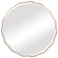 Whimsical Round Wall Mirror in Aged Gold Finish with Beveled Scalloped Edge