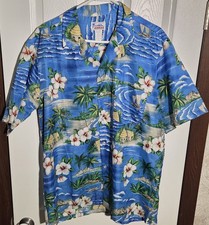 90s Hawaii Brand Men's Hawaiian Shirt Aloha Palm Trees Islands Huts Cotton Sz xl