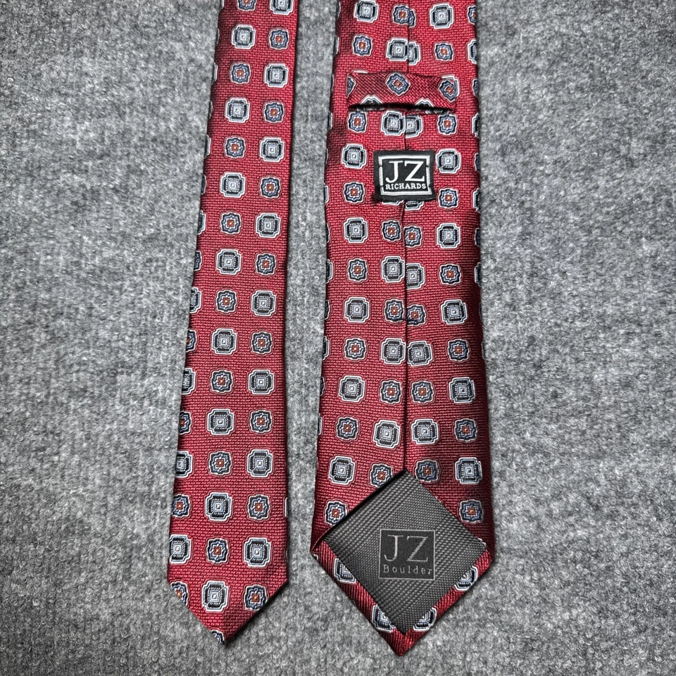 Corbata JZ Richards Boulder Rojo Gris Geométrica Tejida 100% Seda Hecha en EE. UU. Foto 4 de 4