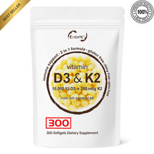 Vitamin D3 10000 iu Plus K2 MK-7 200 mcg, 300 Virgin Coconut Oil Softgels