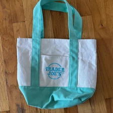 Trader Joe's Mini Canvas Tote bag pastel green with blue embroidered logo
