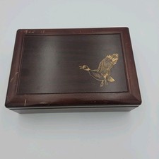 Vintage Midcentury Wood Jewelry Box Gold Duck Detail Butler Box Green Felt Liner