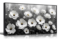 Black and White Flower Canvas Wall Art With Black Wood Frames Large Modern Ca...