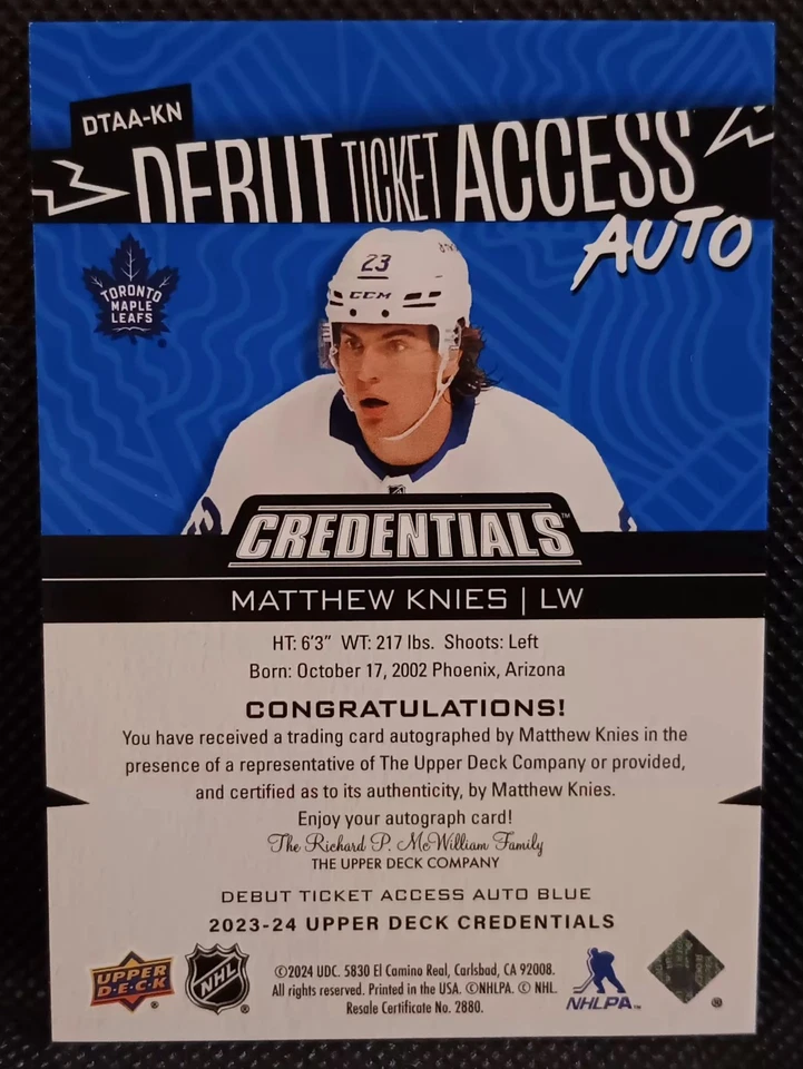 2023-24 CREDENTIALS BLUE DEBUT TICKET AUTOGRAPH ROOKIE MATTHEW KNIES /35 RC AUTO - Image 3 of 3