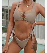 Zaful Ribbed Bikini Women's Large Light Green Beige Tank Style Cheeky NWT