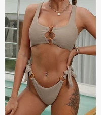 Zaful Ribbed Bikini Women's Large Light Green Beige Tank Style Cheeky NWT