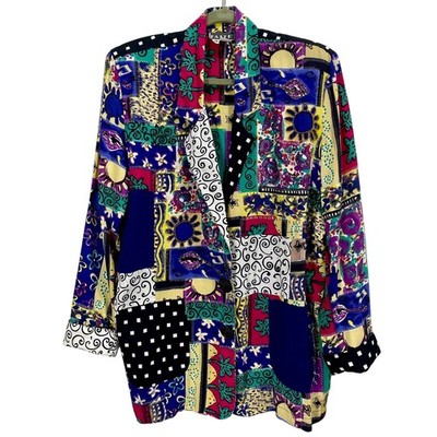Vintage 1990s Colorful Patchwork Oversized Blazer Jacket Lightweight Art Medium