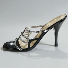 Nina Analisa Black Luster Heels Women  s 8 Strappy Rhinestones Slip On Open Toe