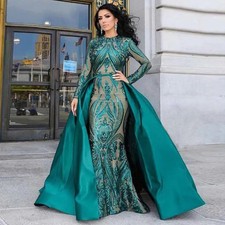 Long Sleeved Burgundy Lace Mermaid Evening Dress Detachable Train Ball Gown