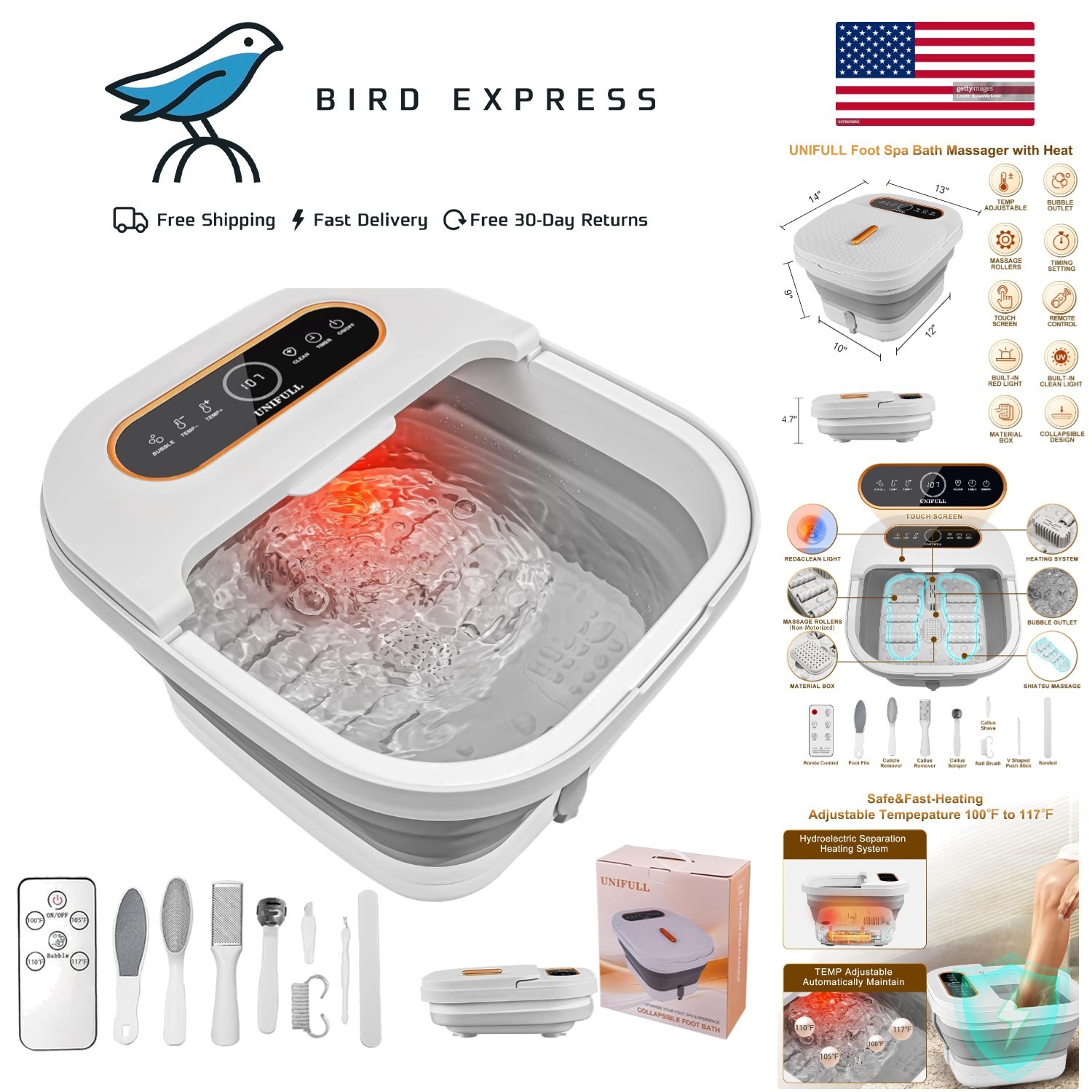 Collapsible Electric Foot Spa Bath with Heat, Massage, Bubbl