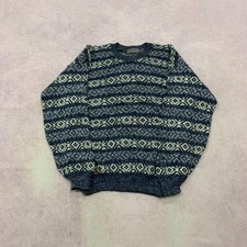 Vintage Abstract Knitted Jumper Patterned Grandad Chunky Knit Sweater Men's L