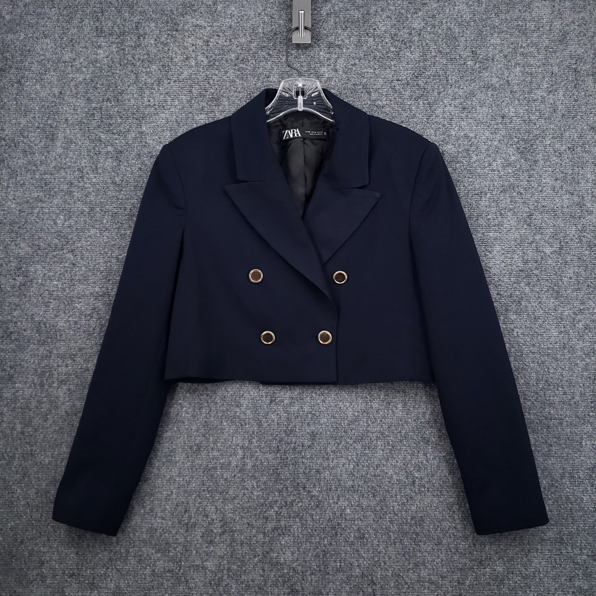 Zara Blazer Womens XS Blue Double Breasted Cropped Long Sleeve