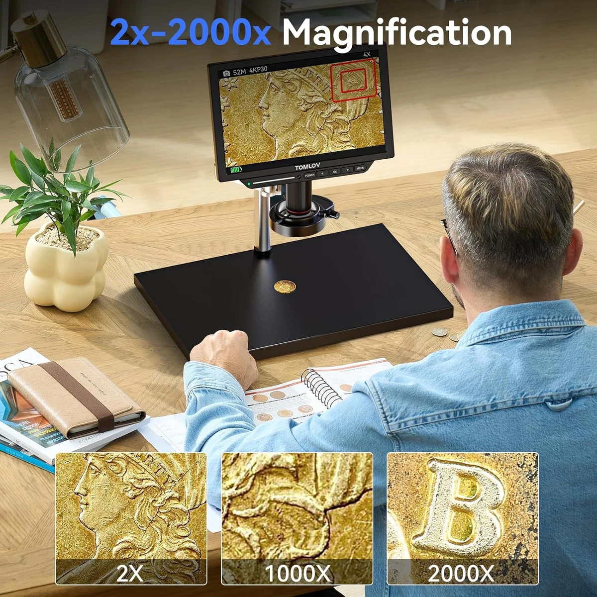 Microscopio digital TOMLOV 4K 2000X 10,1"" 52 MP microscopio completo para monedas soldadura